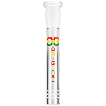 Clear glass downstem with red, yellow, and green “Original OG” branding and a frosted joint, shown upright on a white background. - The Wee Smoke Shop