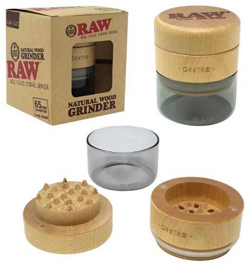 Raw Wood and Glass 3-Part Grinder-Black-Raw-The Wee Smoke Shop