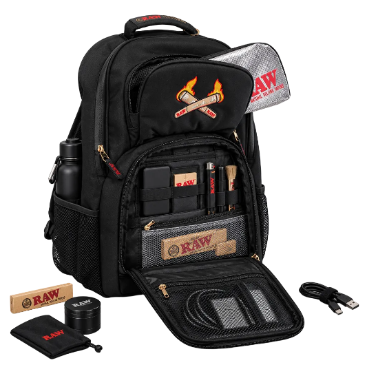 A black RAW Rolling Papers backpack with a logo that resembles a flame and text, featuring multiple compartments and zippers, designed to be smell-resistant.