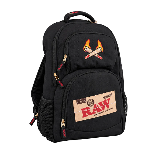 A black RAW Rolling Papers backpack with a logo that resembles a flame and text, featuring multiple compartments and zippers, designed to be smell-resistant.
