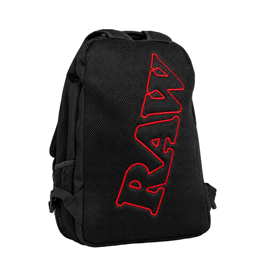 A black RAW Rolling Papers backpack with a logo that resembles a flame and text, featuring multiple compartments and zippers, designed to be smell-resistant.