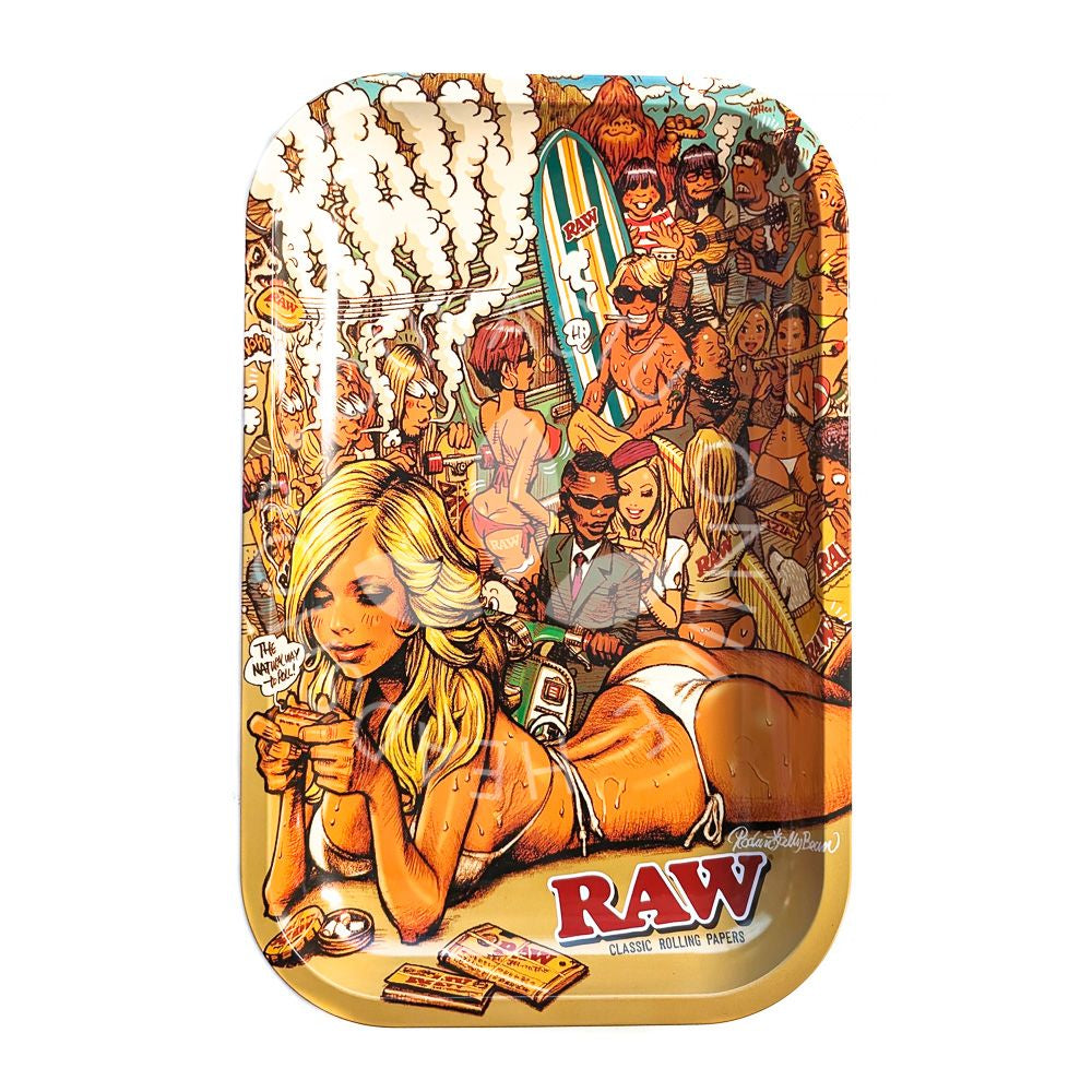 Decorative tray with a colorful design featuring people smoking and the brand 'RAW' displayed.