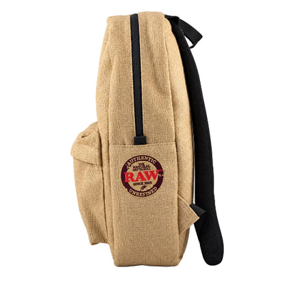 Beige backpack with a 'RAW' logo on a white background