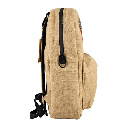 Beige backpack with black straps on a white background