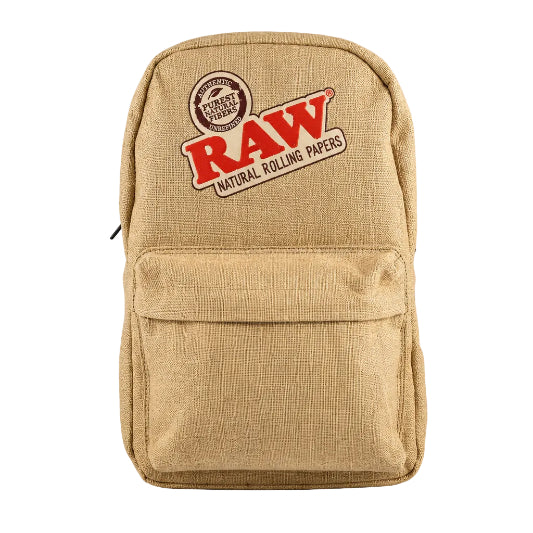 Beige backpack with RAW Rolling Papers logo on a white background