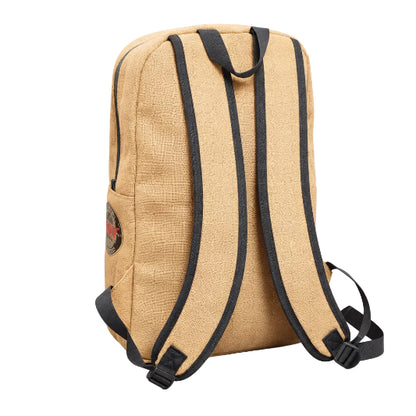 Beige backpack with black straps on a white background