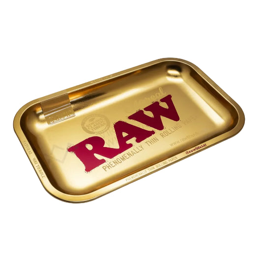 Gold rolling tray with 'RAW' branding on a white background