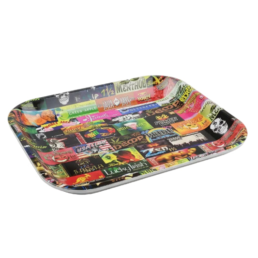 Colorful rolling tray with various brand logos on white background