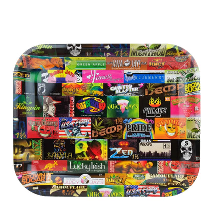 Colorful rolling tray with various brand logos on white background