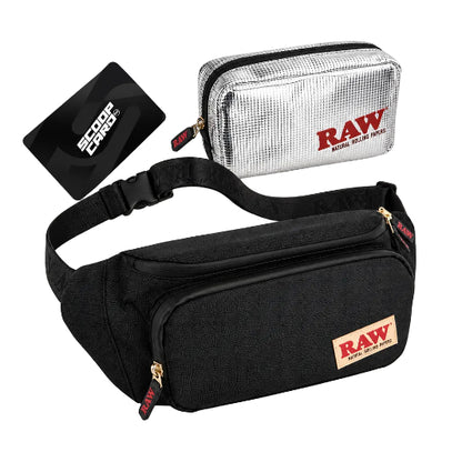 RAW Smell Proof Sling Pack with multiple compartments and zipper closures, predominantly black with some text and logo detailing.