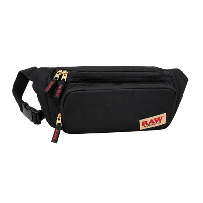 RAW Smell Proof Sling Pack with multiple compartments and zipper closures, predominantly black with some text and logo detailing.