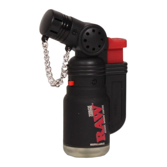 A black RAW brand refillable torch lighter with a red accent button and a silver metal chain, shown on a plain white background. - The Wee Smoke Shop