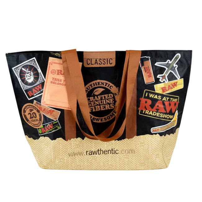 Tote bag with Raw brand logos and text on a white background