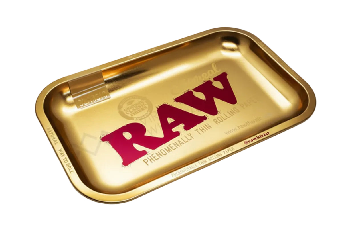 Gold rolling tray with 'RAW' branding on a white background