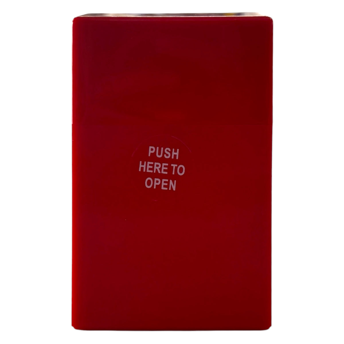 Red hard shell cigarette case with a slim rectangular design, glossy finish, and “push here to open” button on the front.