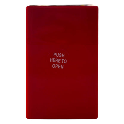 Red hard shell cigarette case with a slim rectangular design, glossy finish, and “push here to open” button on the front.