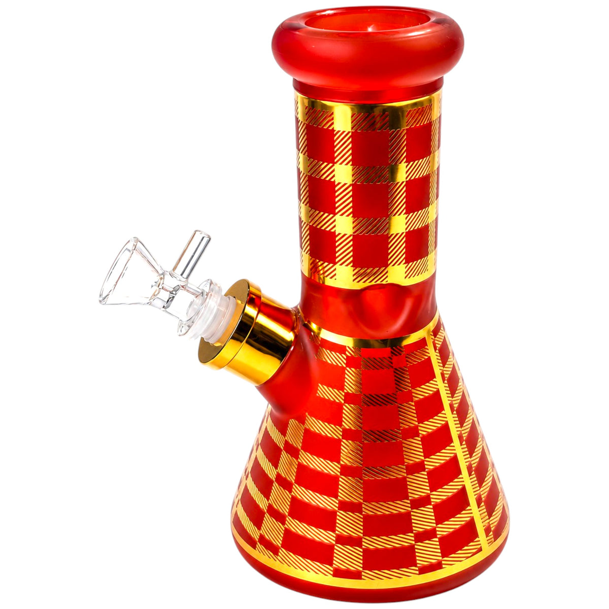 OG 8-inch red glass beaker bong with 7mm thick glass, metallic gold checkered detailing along the neck and base, rounded red mouthpiece, and angled clear glass bowl. - The Wee Smoke Shop