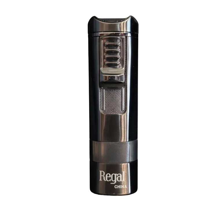 A Regal Torch lighter with a glossy black and brushed silver metallic finish, shown vertically against a plain white background.