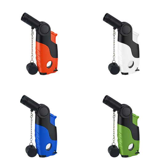 Four butane lighters in different colors with chains on a white background
