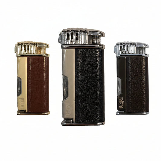 Three pocket Pipe lighters with textured leatherette sides and metallic top mechanisms, shown in brown, black, and dark gray on a white background.