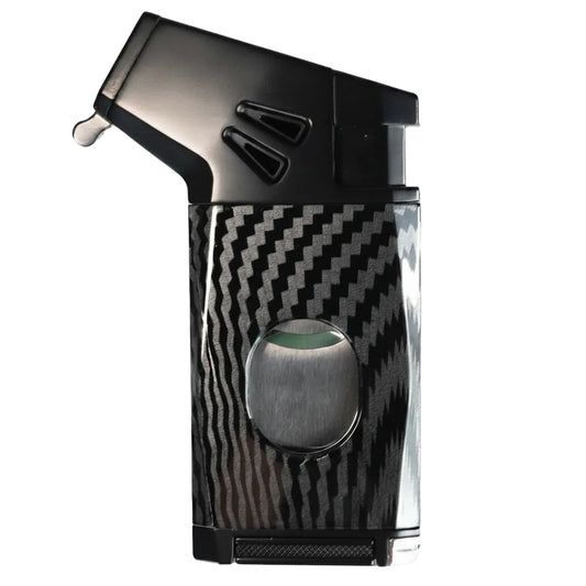 A black and silver cigar torch lighter with a carbon fiber patterned body and a brushed metal circular accent, shown against a plain white background.