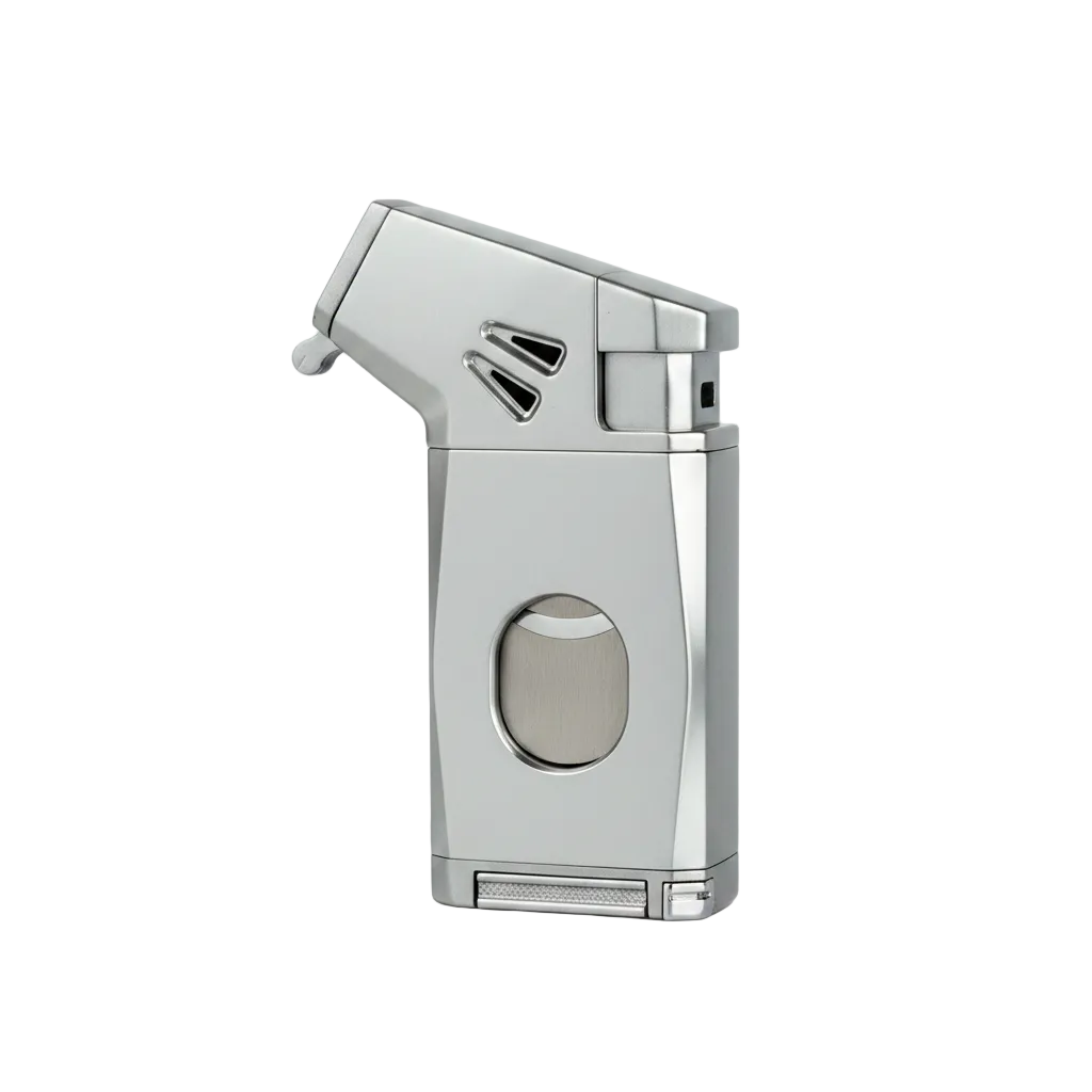 A silver metallic cigar cutter and lighter combo tool, shown from a side profile view against a solid white background.