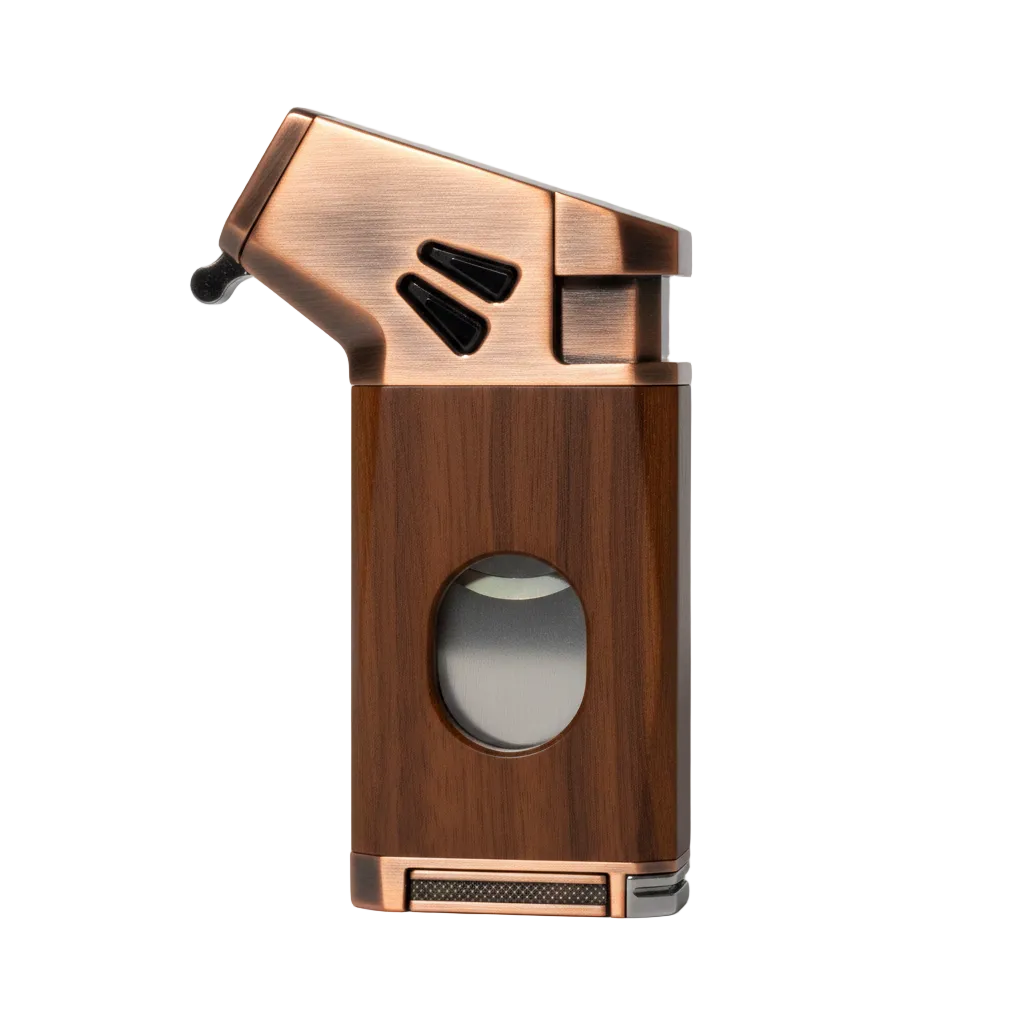 A luxury cigar torch lighter featuring a polished copper-toned metal body and a rich wood-grain finish, shown against a solid white background.