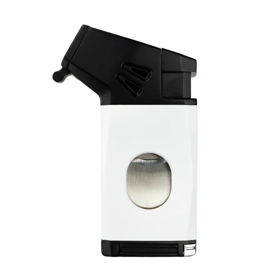 A white and black cigar cutter with a brushed silver circular blade window on the front, shown against a plain white background.