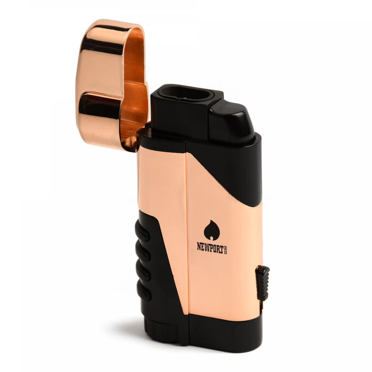 A Newport lighter with a metallic rose gold body and black accents, featuring an open rose gold lid and the Newport brand logo, set against a plain white background.
