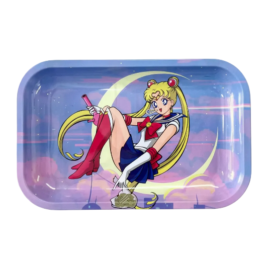 Featuring Sailor Sativa Medium Rolling Tray displaying Sailor moon classic logo holding a Ounce and a bong On white background