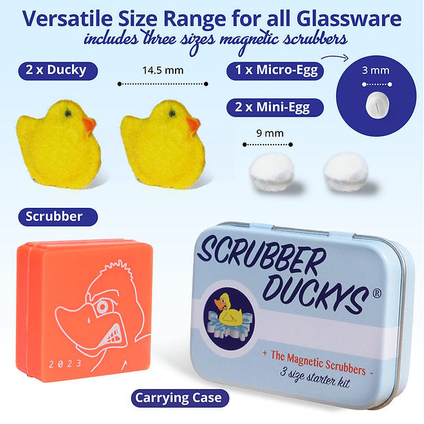 Scrubber Duckys product graphic showing the magnetic cleaning kit with two yellow ducky scrubbers, two white mini-egg scrubbers, one micro-egg scrubber, orange magnetic handle, and blue carrying case with size labels. - The Wee Smoke Shop