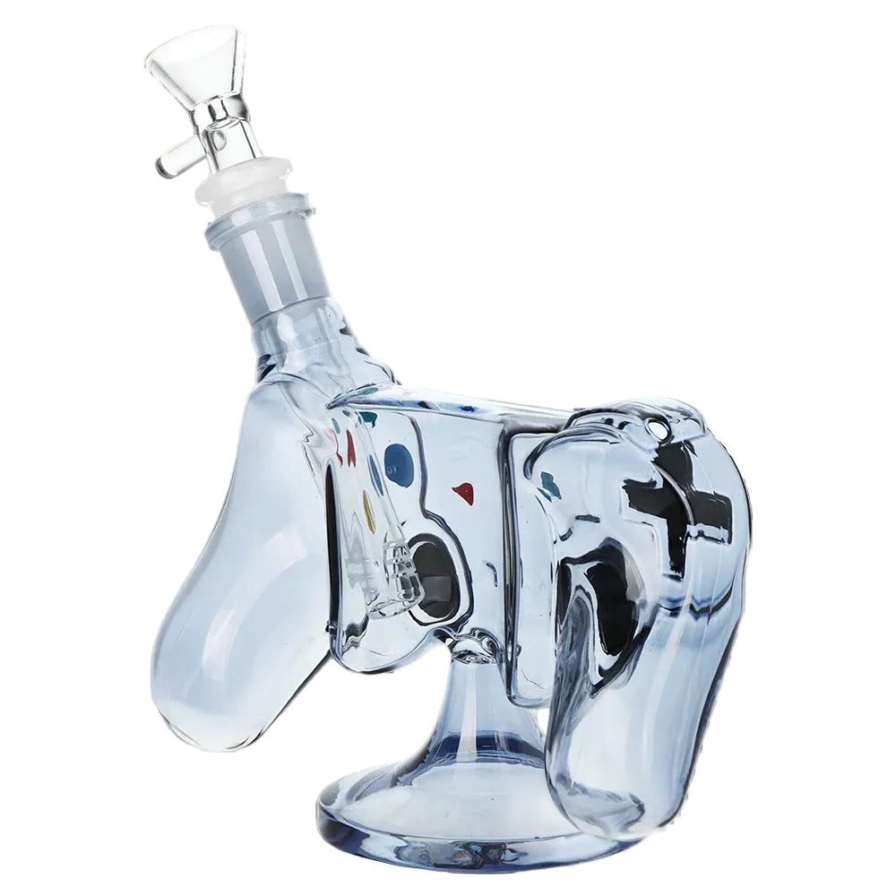 .Game controller shaped glass bong with clear blue body, bowl, and pedestal base. The Wee Smoke Shop