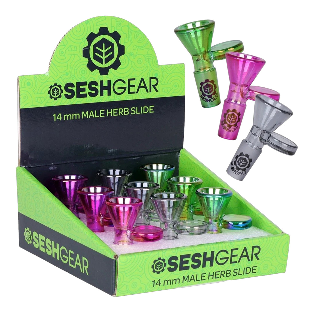 SeshGear 14mm male herb slide display box with assorted chromatic glass funnel bowls in green, pink, grey, clear, and iridescent finishes, with SeshGear branding and “14 mm Male Herb Slide” text visible. - The Wee Smoke Shop