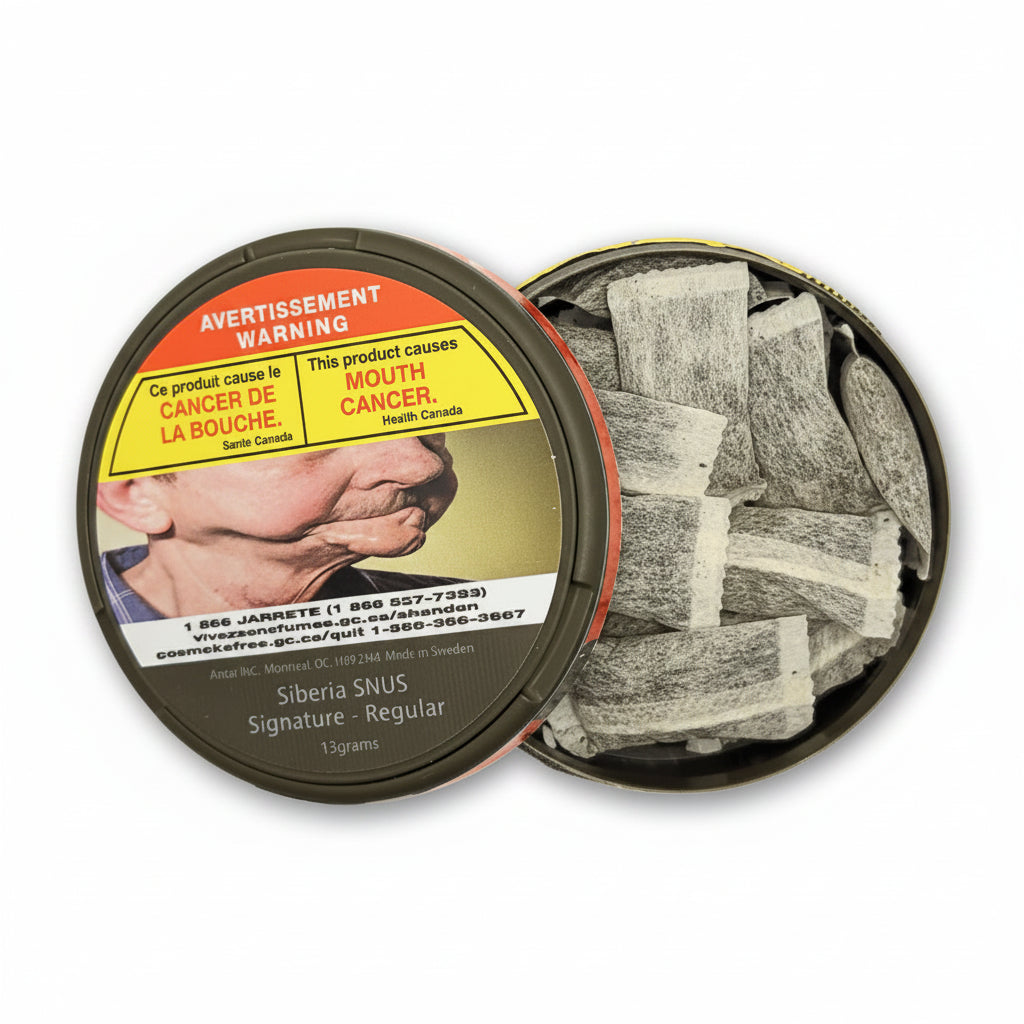 Siberia SNUS packaging with warning label on a white background