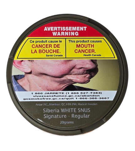 Siberia White Snus signature regular container with warning label on a white background