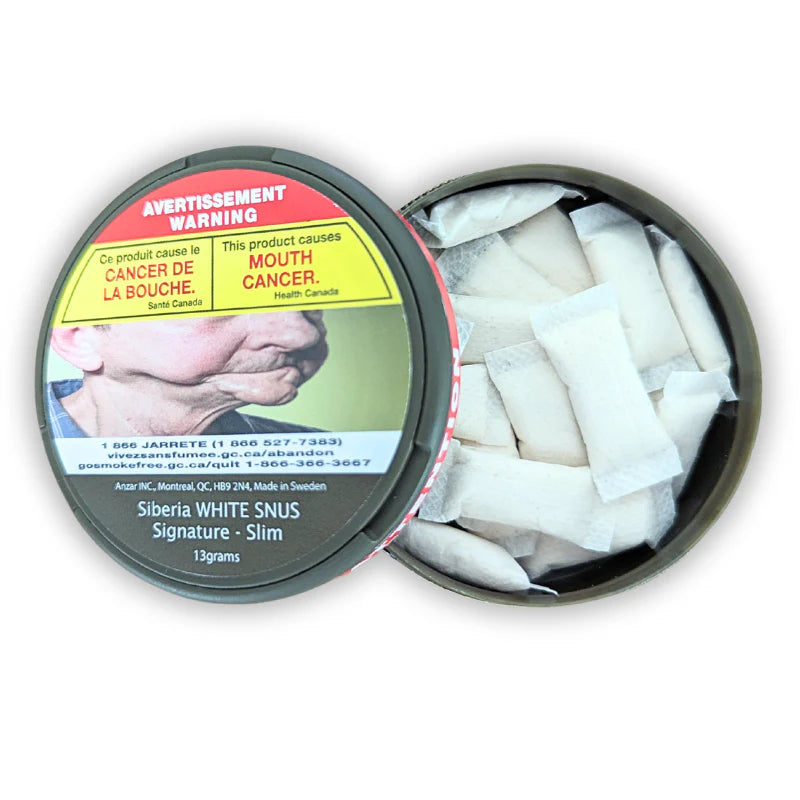 Open container of Siberia White Snus signature slim with warning label on a white background