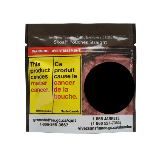 A pack of Goddsmoked 'Straight' smokeless tobacco pouches, showing the front packaging with Canadian health warnings, a yellow panel, on a white background.