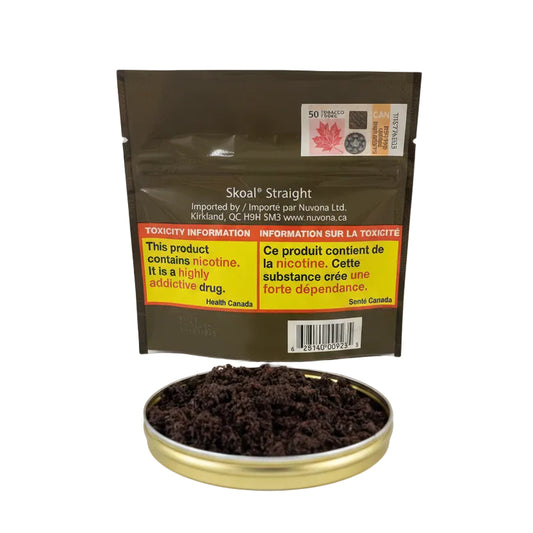 A dark brown stand-up pouch labeled 'Skoal Straight' with a yellow warning panel and a small product sample shown below in an open round tin of dark brown crumb material.