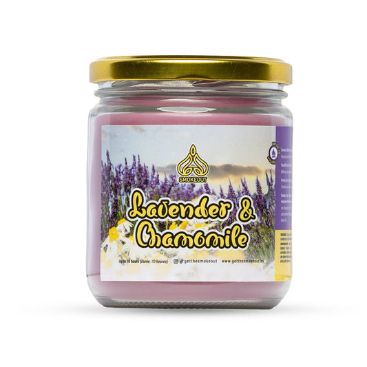SmokeOut Lavender & Chamomile 13oz odour-neutralizing candle in glass jar with gold lid and lavender label. - The Wee Smoke Shop