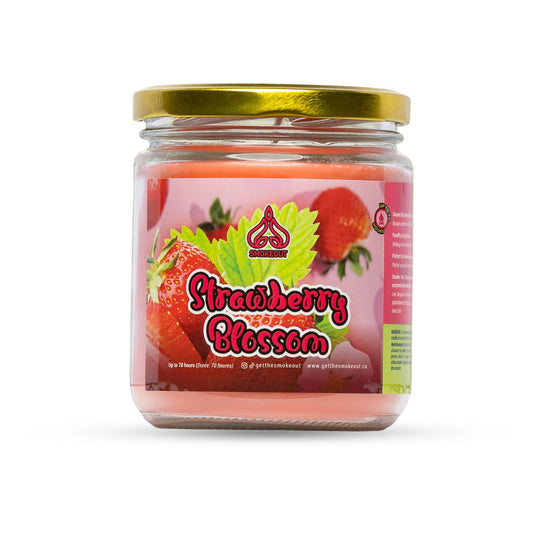 SmokeOut Strawberry Blossom 13oz odour-neutralizing candle in glass jar with gold lid and strawberry label. - The Wee Smoke Shop