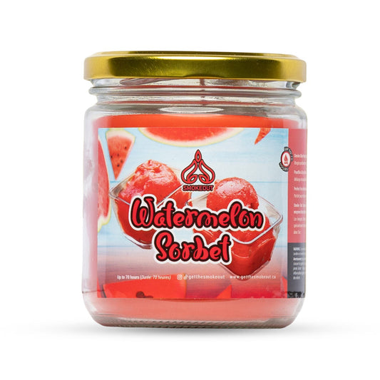 SmokeOut Watermelon Sorbet 13oz odour-neutralizing candle in glass jar with gold lid and watermelon label. - The Wee Smoke Shop