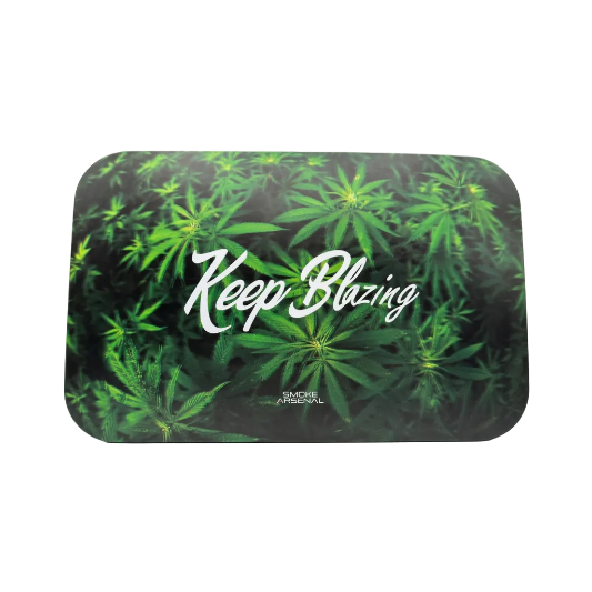 Smoke Arsenal Keep Blazing Medium Magnetic Tray displaying a hazy look of a close up aerial look of a hemp field  Cover on white background