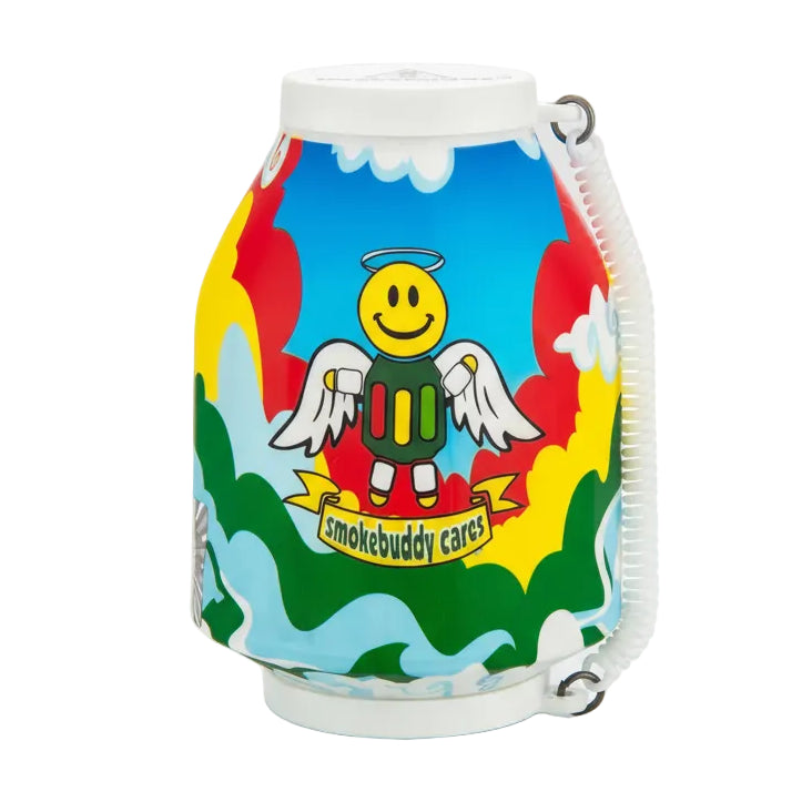 Colorful smokebuddy air filter with cartoon character on a white background