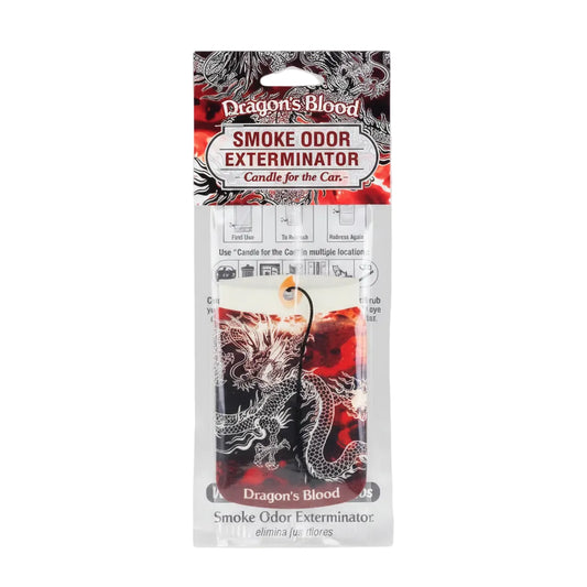 Dragon's Blood Smoke Odor Exterminator Candle for Cars, packaged in a clear plastic blister pack with a black hanging cord, featuring a red and black dragon design.