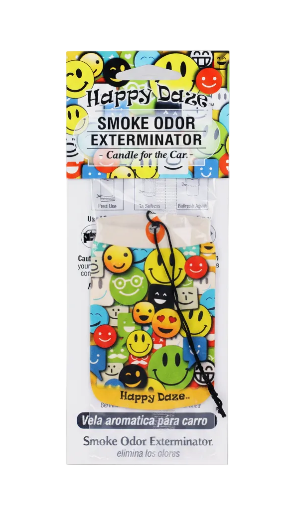 Happy Daze Smoke Odor Exterminator Candle for the Car, featuring a colorful smiley face patterned air freshener pack in its original retail packaging.