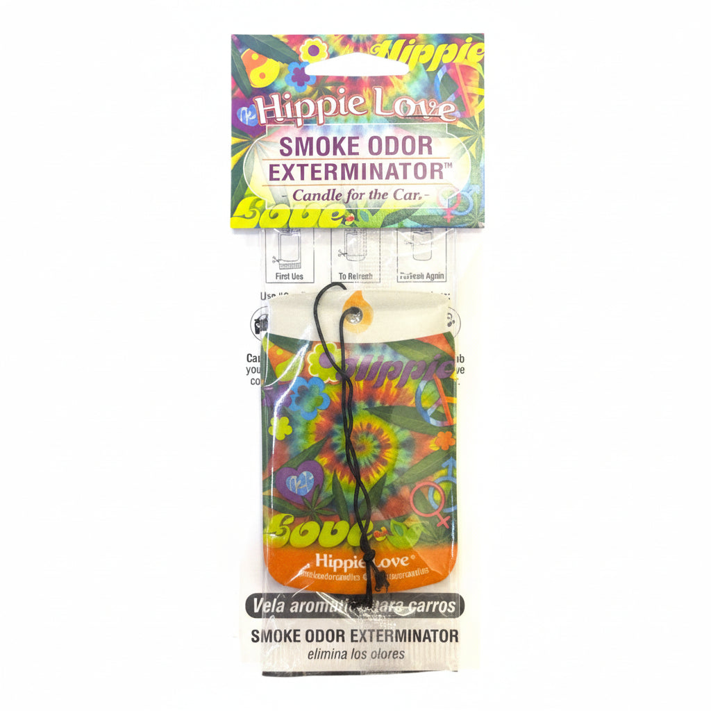 Hippie Love Smoke Odor Exterminator car air freshener candle in its original retail packaging, featuring a vibrant tie-dye pattern with red, yellow, green, and blue. - The Wee Smoke Shop