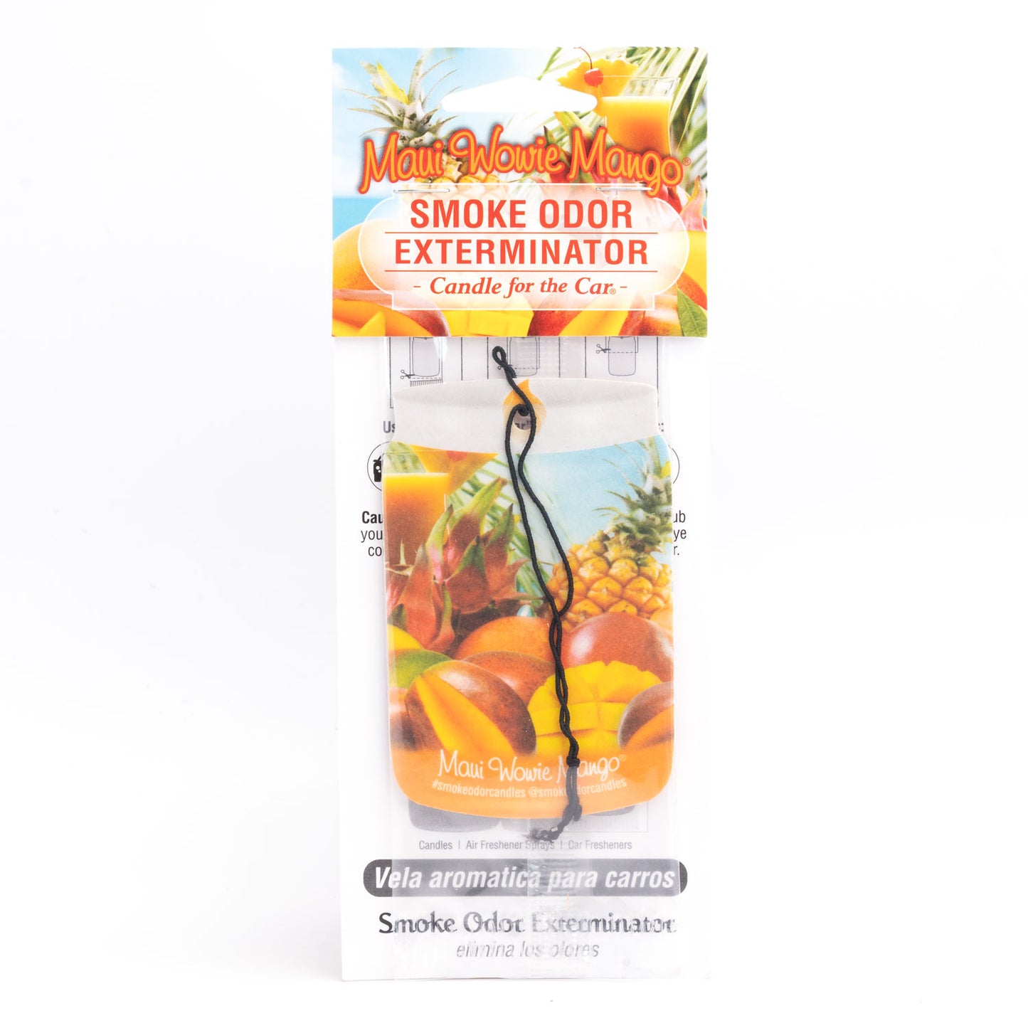 Maui Mowie Mango Smoke Odor Exterminator car air freshener candle in its original retail packaging, featuring a clear jar with a black string and a colorful tropical fruit label.