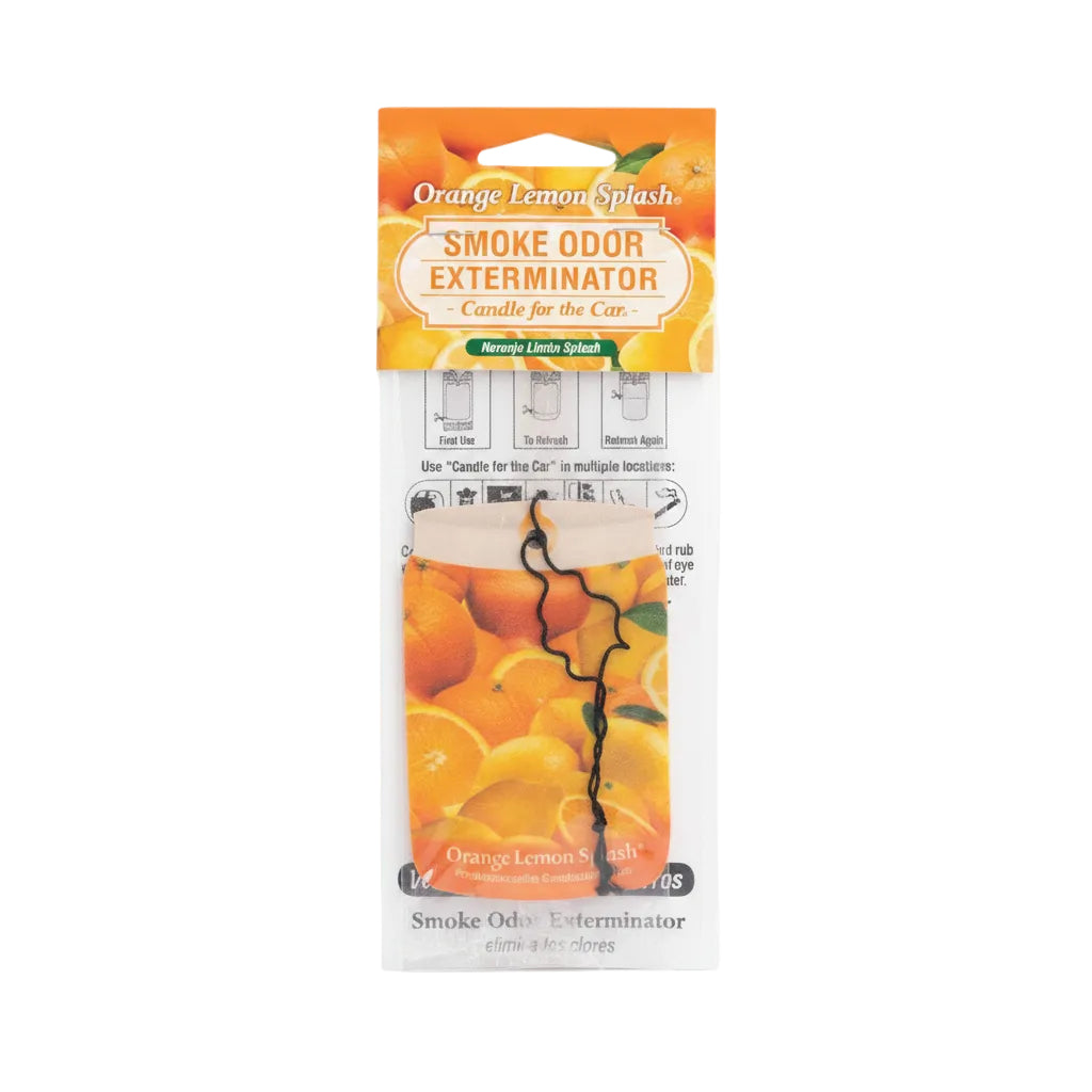 Orange Lemon Splash Smoke Odor Exterminator car candle in its retail packaging, featuring a black hair-shaped wick and citrus-themed graphics.