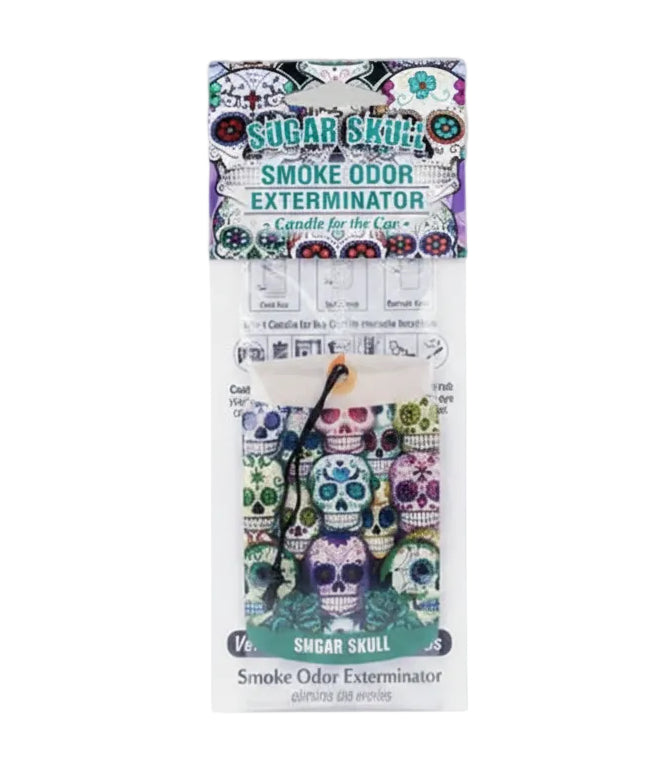 A packaged novelty smoke odor exterminator labeled 'Sugar Skull' with colorful skull-patterned packets and a black string, shown on a plain white background.