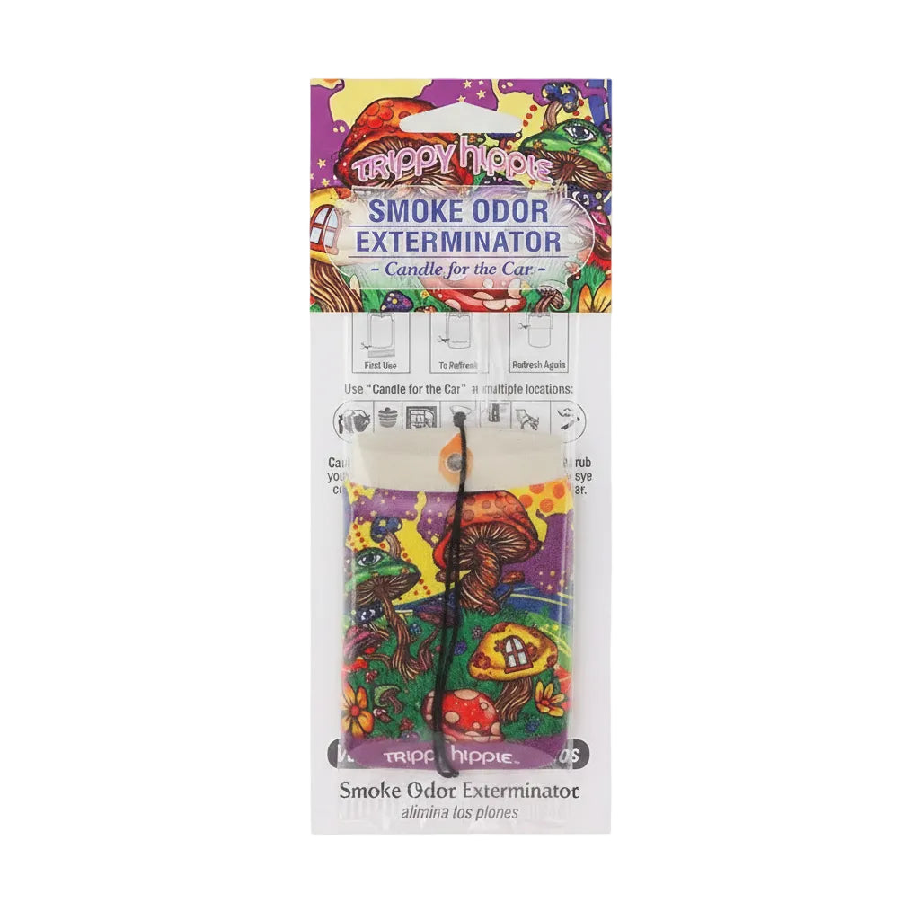 Trippy Hippie Smoke Odor Exterminator Candle for the Car, featuring a colorful psychedelic mushroom and flower pattern on the candle body and backing card, with a black string and orange tip.